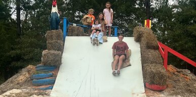 Kids slide down the chicken slide at Adventure Farms. 