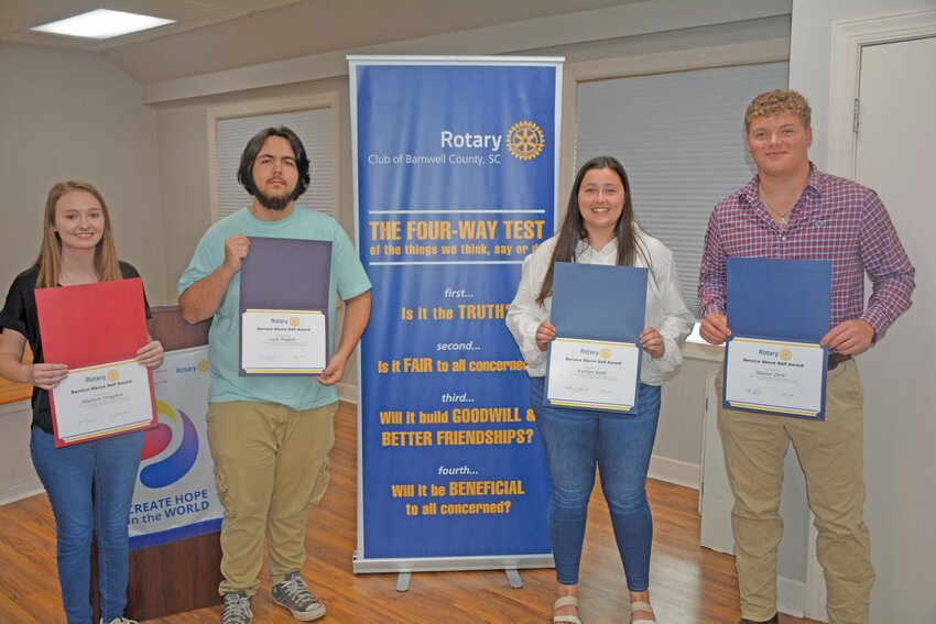 <p><strong>Madison Doughtie, Cody Padgett, Kaitlyn Redd and Hunter Zorn are the April recipients of the Service Above Self awards from the Rotary Club of Barnwell County. </strong></p>