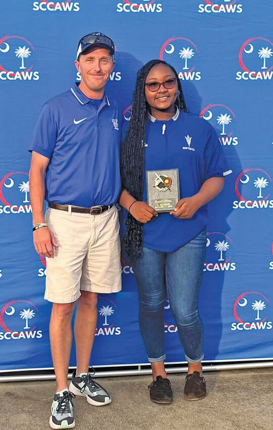 Rising Williston-Elko High School junior Hailey O’Neal was recognized on May 29 by the South Carolina Coaches Association of Women’s Sports at the Softball North/South game for making the Class 1A All-State team. This means she was in the top 24 players in Class 1A. She’s pictured with WEHS softball coach Jamie Wootten.