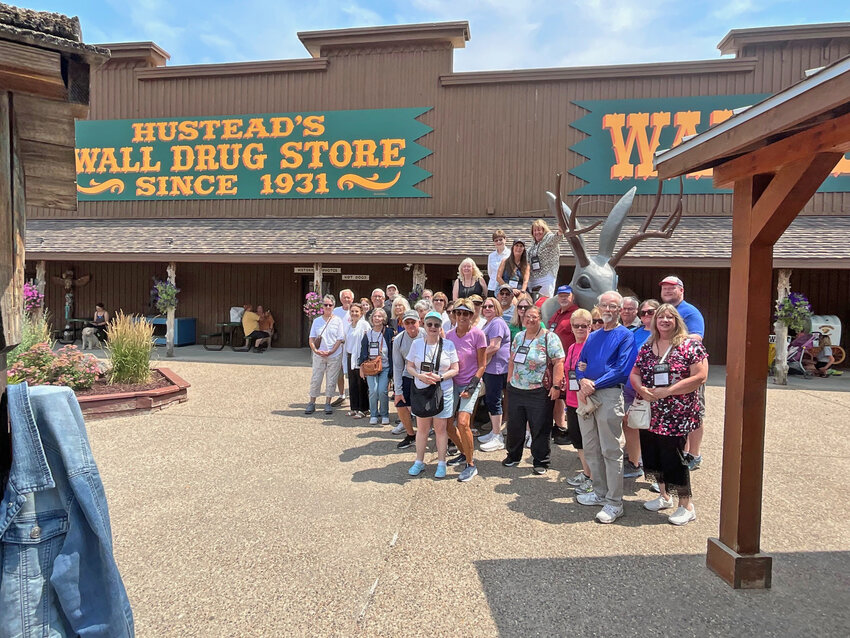 Jonathan Vickery and his tour group in front of the iconic Wall Drug store in South Dakota in July 2024.