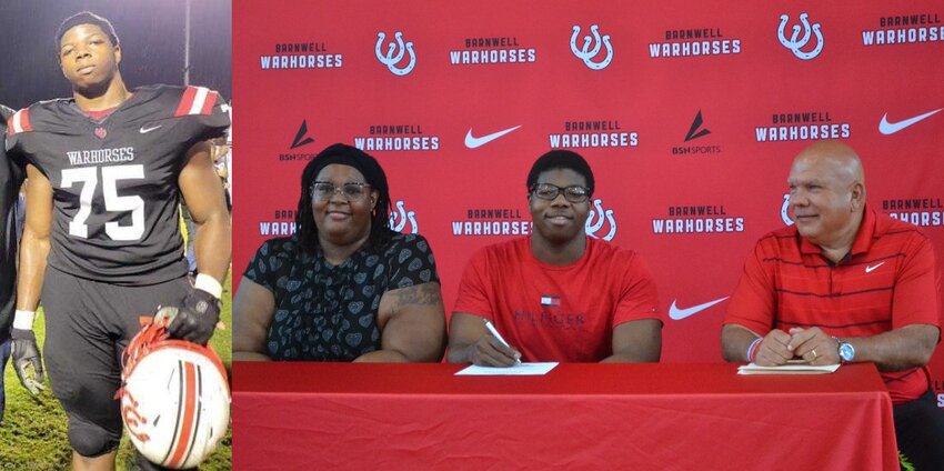 Tony Cherry was joined by his mother, Shaniqua Hammond, and Barnwell head football coach Brian Smith for his signing day to play football at Coffeyville Community College.