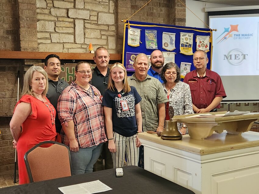 Representatives of Motivation Education & Training Inc. (MET) recently spoke to the Rotary Club of Livingston regarding the many services they provide to rural communities. For additional info, go to www.metinc.org. (l-r) Alecia Morgan, Steven Rodriguez, Jennifer Kennedy, Goodrich ISD Superintendent Daniel Barton, Rotary President Mark Waters, Anthony Bryan, Selda Torres and Pedro Martinez.