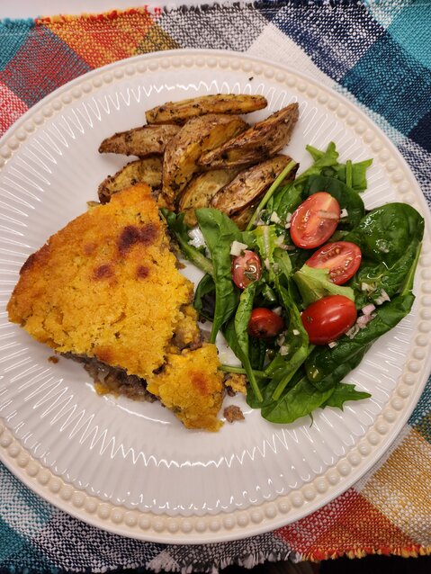 Mexican Cornbread with Roasted Potatoes and a Salad