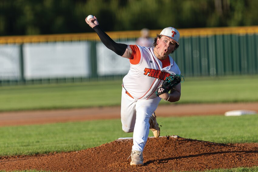 Canyen Hollis takes the mound against the Coldspring Trojans during a Friday district matchup.  PHOTOS BY CHARLES BALLARD