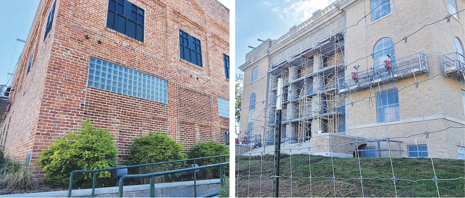 The courthouse restoration continues, while further down the street, the judicial center (far left) is spray coated.