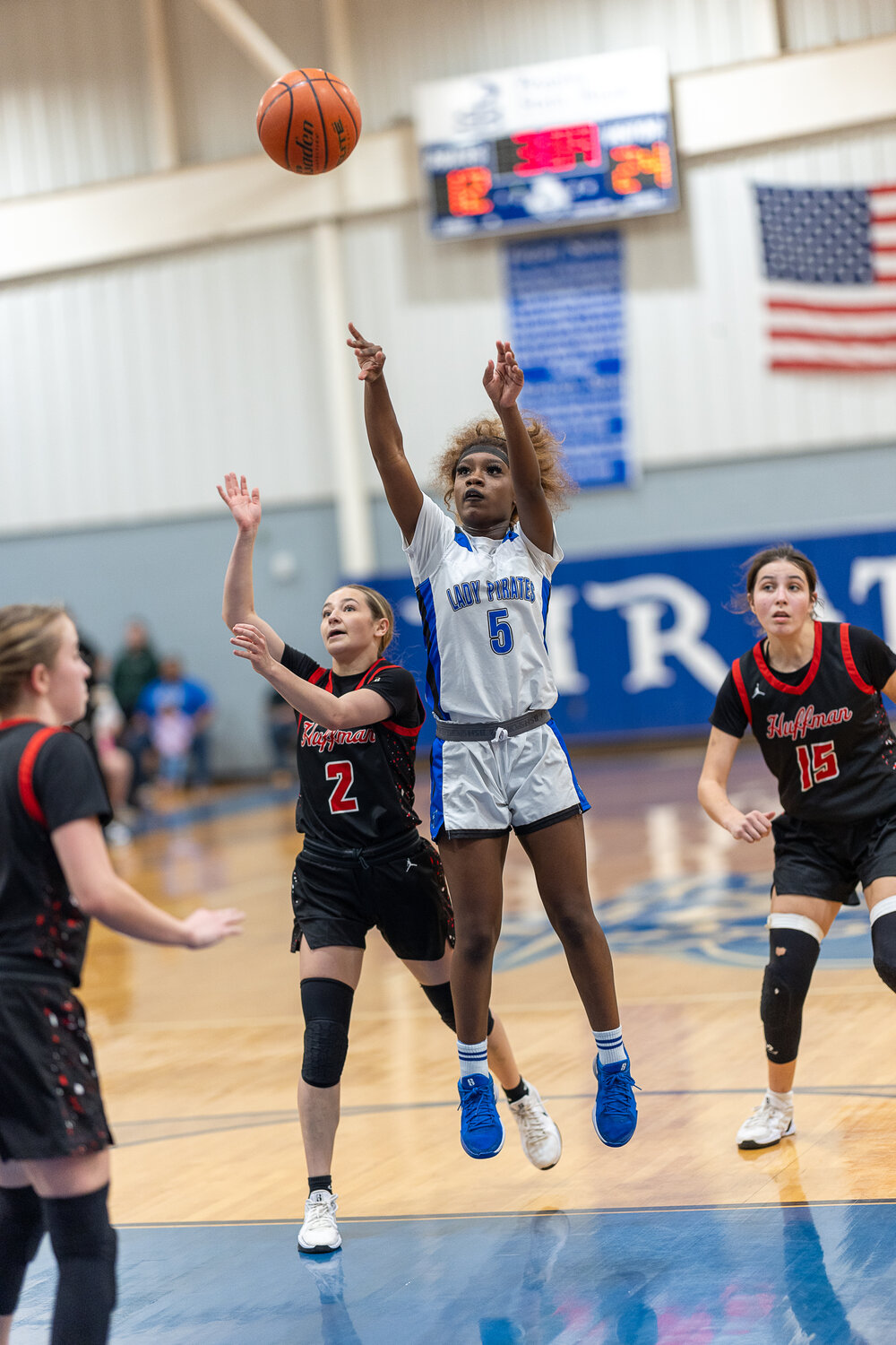 Dakiyah Clark goes to the air for a jumper against the Hargrave Lady Falcons.