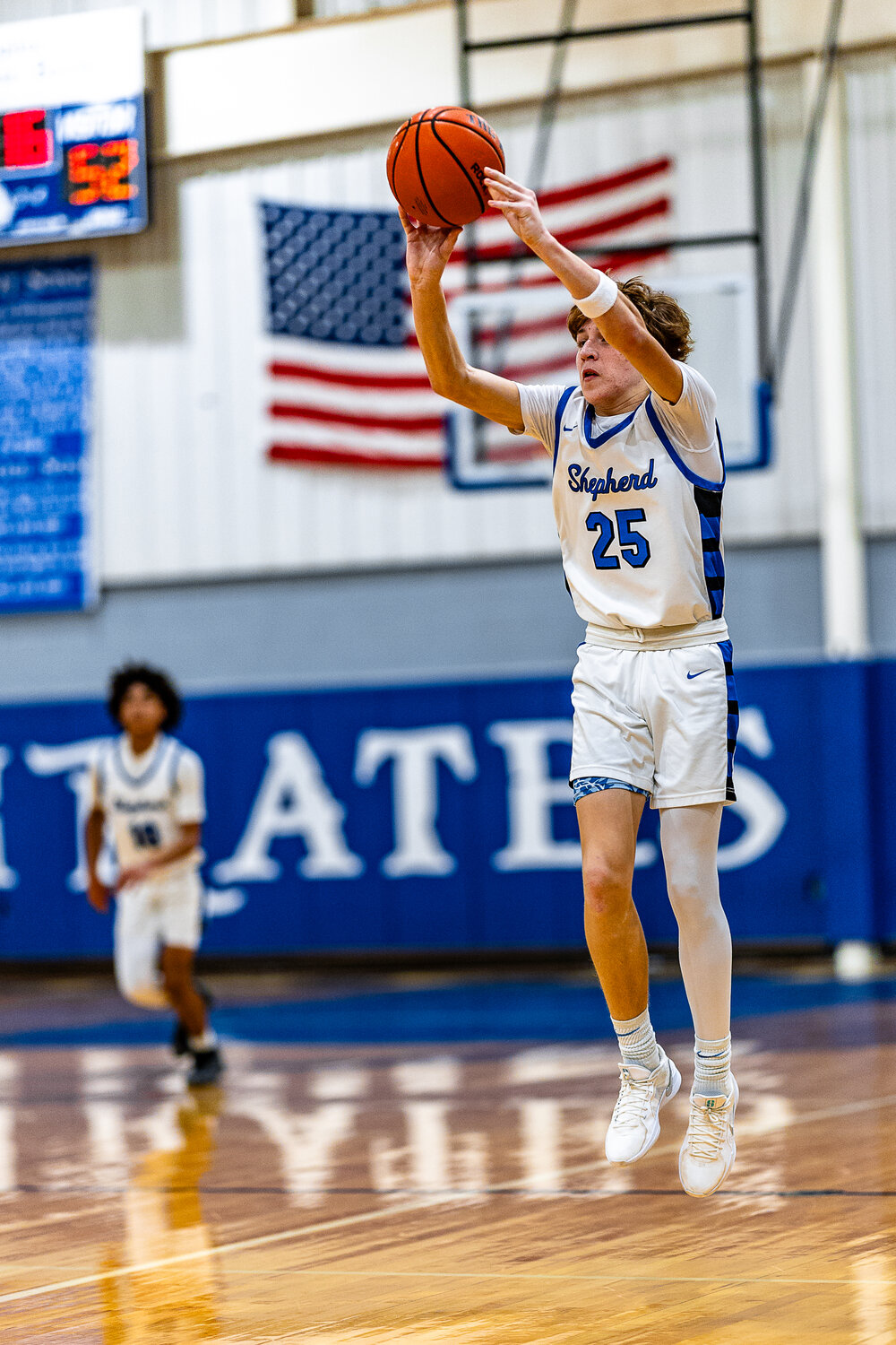 Chance Allday takes a 3-point shot during the Hargrave game.