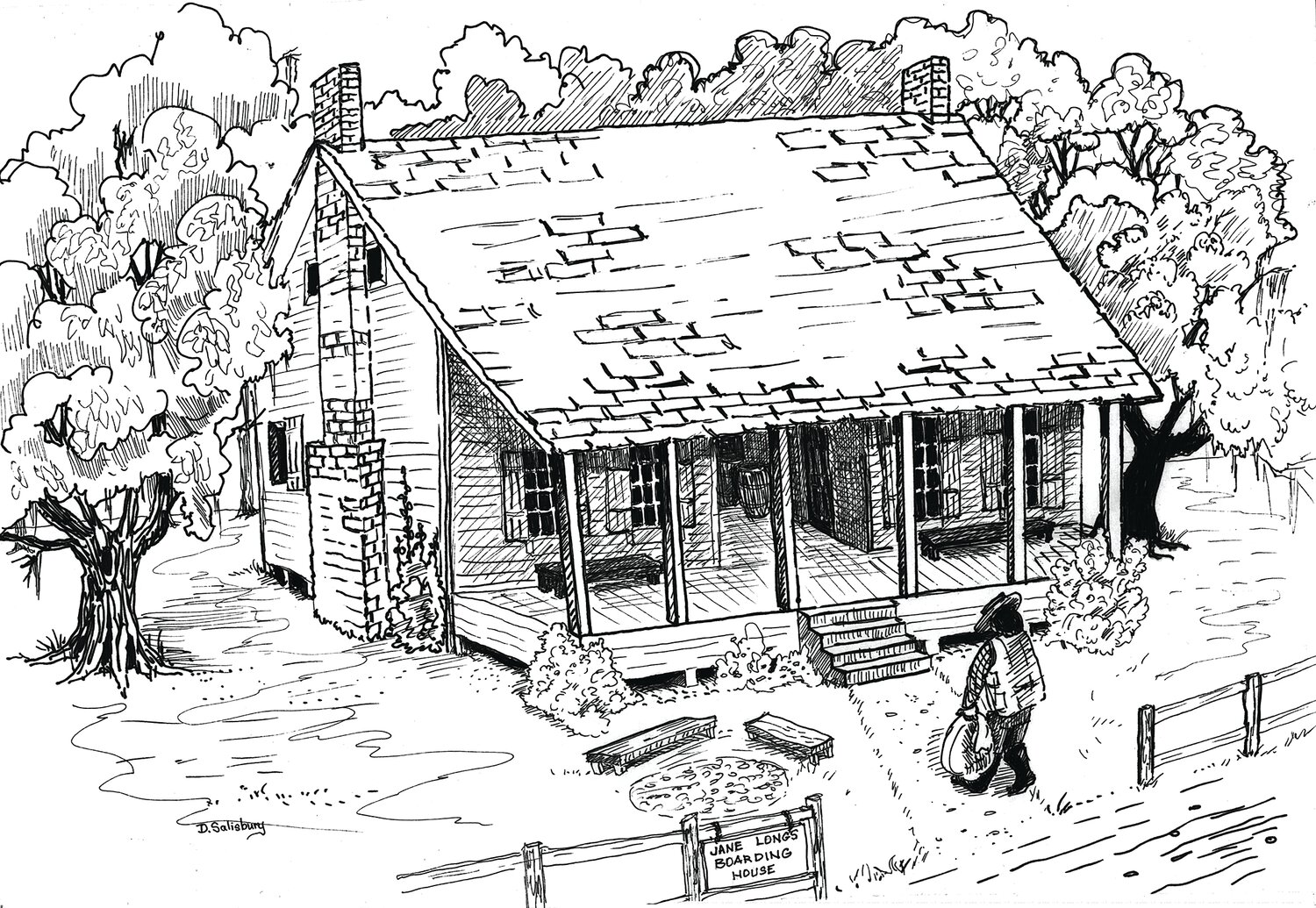 Jane Long’s Tavern by local artist Dorothy Salisbury, from the Brazoria County Historical Museum collection. Dorothy Salisbury created the drawing of Jane Long’s Boarding House for a 1998 limited edition pewter Christmas ornament produced by the Brazoria County Historical Museum.