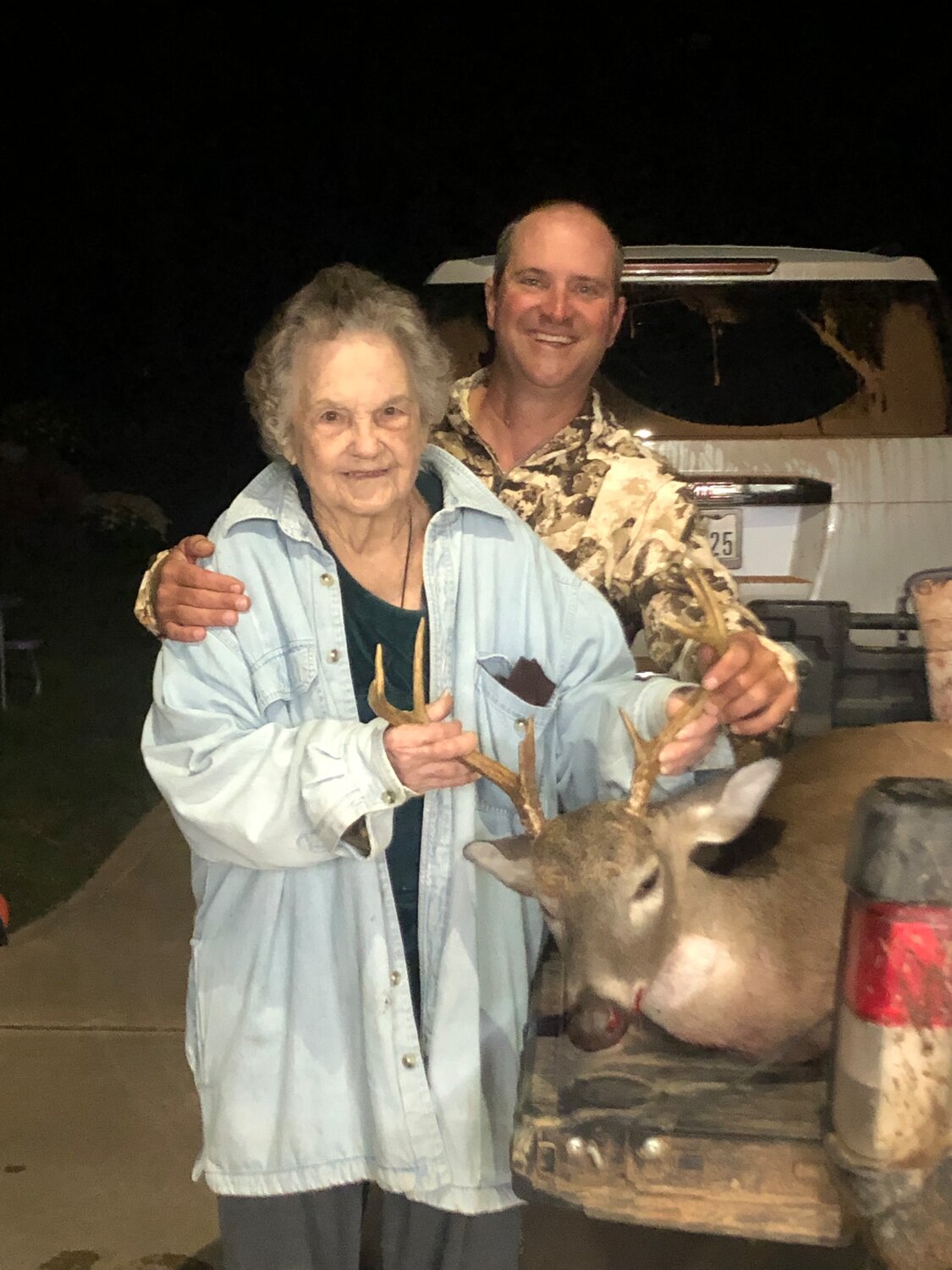 During her last deer hunt, Griffin, 93, shot a buck from a deer stand that her grandson, Volney Griffin, helped her climb into.