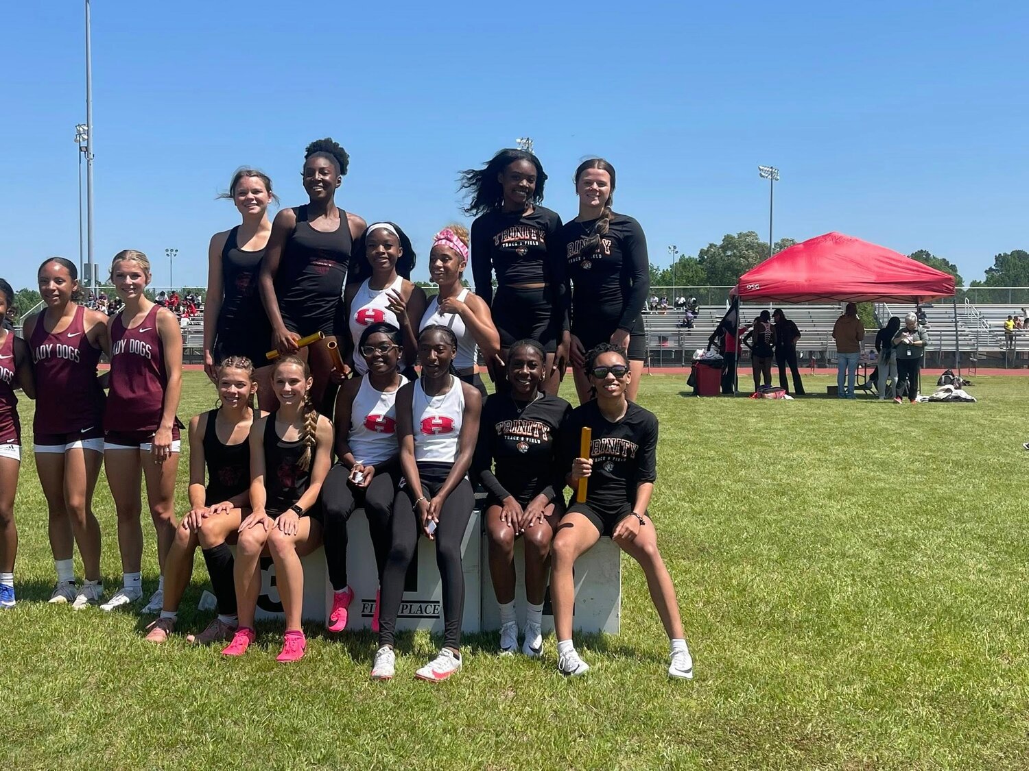 The Trinity 4x100 relay team of Skylar Knight, Paris King, Libby Mills and Kayleigh Clayborne took second in the area meet on Wednesday.