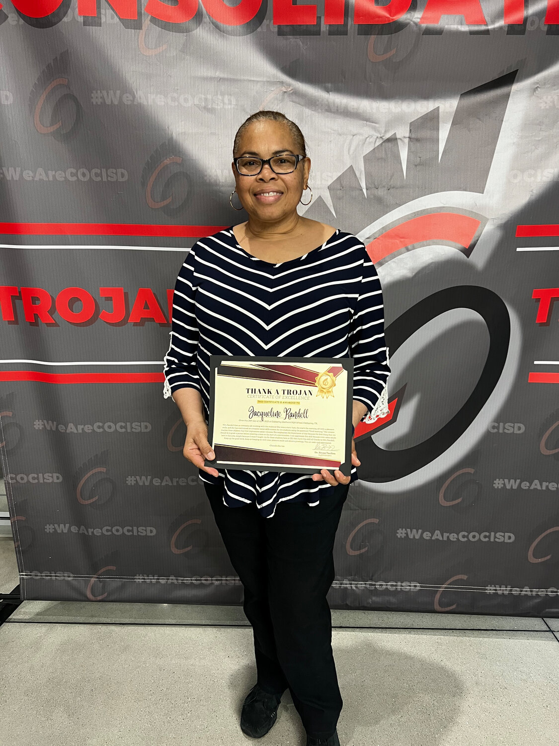 Thank a Trojan recipient Jaqueline Randell was recognized at the April meeting of the Coldspring-Oakhurst CISD Board of Trustees.