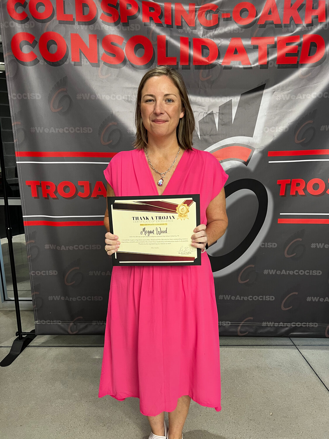 Thank a Trojan recipient Megan Wood was recognized at the April meeting of the Coldspring-Oakhurst CISD Board of Trustees.