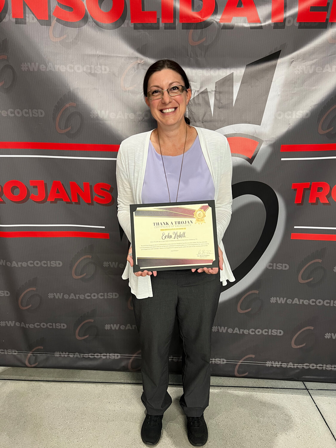 Thank a Trojan recipient Erika Hukill was recognized at the April meeting of the Coldspring-Oakhurst CISD Board of Trustees.