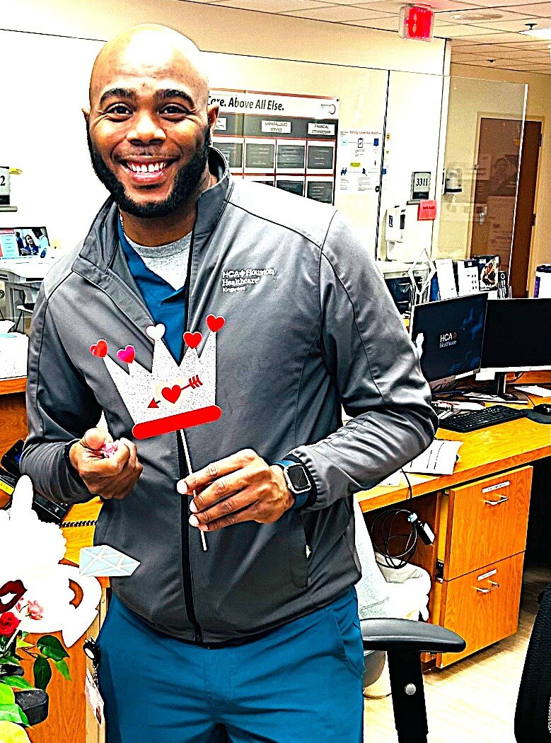 Leggett Athletic Director Ra’Shod Jefferson celebrates Valentine’s Day in HCA Kingwood’s radiology department. In the “offseason,” the coach works up to three other jobs.