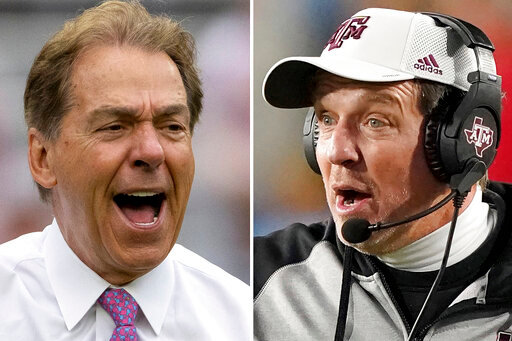 FILE - At left, Alabama head coach Nick Saban yells to the sideline during the first half of Alabama's NCAA college football scrimmage, Saturday, April 16, 2022, in Tuscaloosa, Ala. At right, Texas A&amp;M coach Jimbo Fisher reacts to an official's call during the second half of the team's NCAA college football game against Mississippi, Saturday, Nov. 13, 2021, in Oxford, Miss. Texas A&amp;M coach Jimbo Fisher called Nick Saban a &ldquo;narcissist&rdquo; Thursday, May 19, 2022. after the Alabama coach made &ldquo;despicable&rdquo; comments about the Aggies using name, image and likeness deals to land their top-ranked recruiting classes. Saban called out Texas A&amp;M on Wednesday night for &ldquo;buying&rdquo; players. (AP Photo/File)