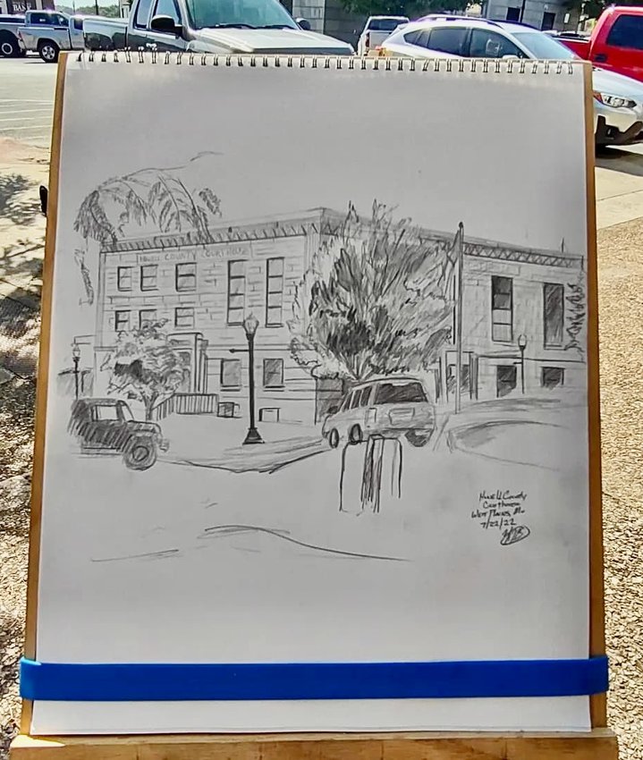 Pierce City artist Nate Billings completed this sketch of the Howell County Courthouse in two hours Friday morning, noticing details that make the building stand out among similar courthouses across the state, such as the triangular embellishments along the top of the building. After finishing this sketch, drove down to Alton to draw the Oregon County Courthouse. Prior to visiting West Plains, Billings had sketched the Douglas County Courthouse in Ava, and the Christian County Courthouse in Ozark.
