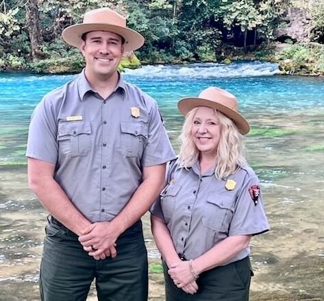 Ozark National Scenic Riverways Chief of Facility Management William Terry and Chief of Administration Stacey Griffin in front of Big Spring. PHOTO COURTESY OF NPS