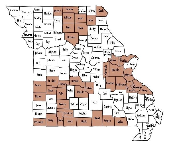 MDC will offer a CWD portion of firearms deer season Nov. 22 through 26 in CWD Management Zone counties, shaded brown in this map, during the 2023-2024 deer season.