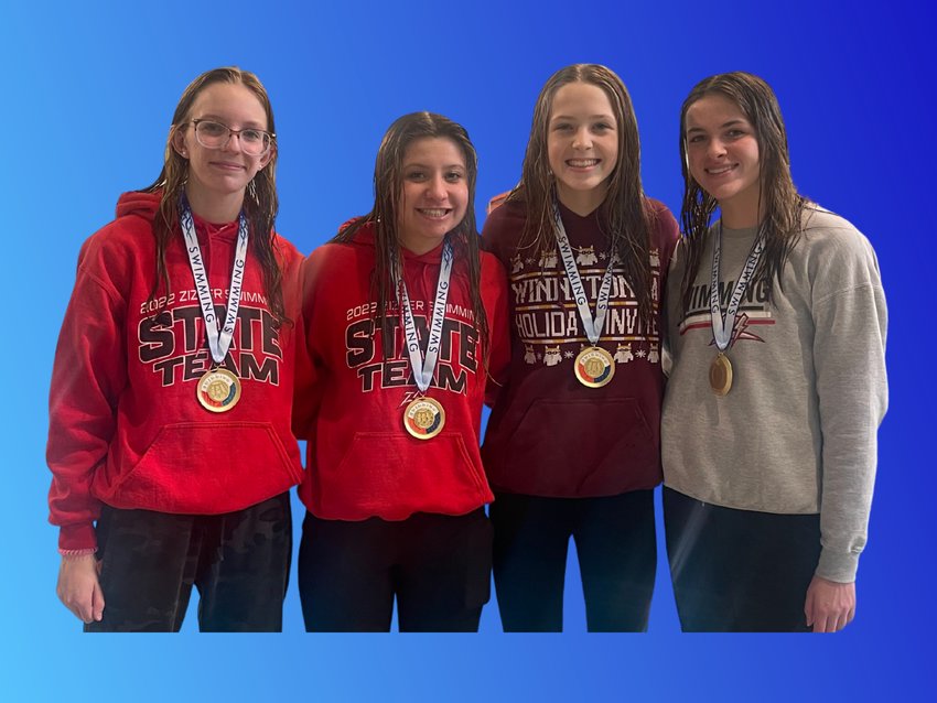 400 Freestyle Relay from left: Addie Peugh, Trinity Wake, Roz Fiorino, Paige Sheridan) finished 6th at the Winnetonka Holiday Invitational.