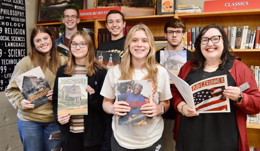 A fresh batch of Ridgerunner writers and photographers IS working hard to continue the folklore publication's long history of quality articles and photos. 2022-2023 staff members, from left: Haley LaCaze, Karizma Hurst, Kirsten Fish, Micah Lamb, Niklas Metz and Will Hopkins, with instructor Dianna Locke at far right. Leah French is also on the staff.
