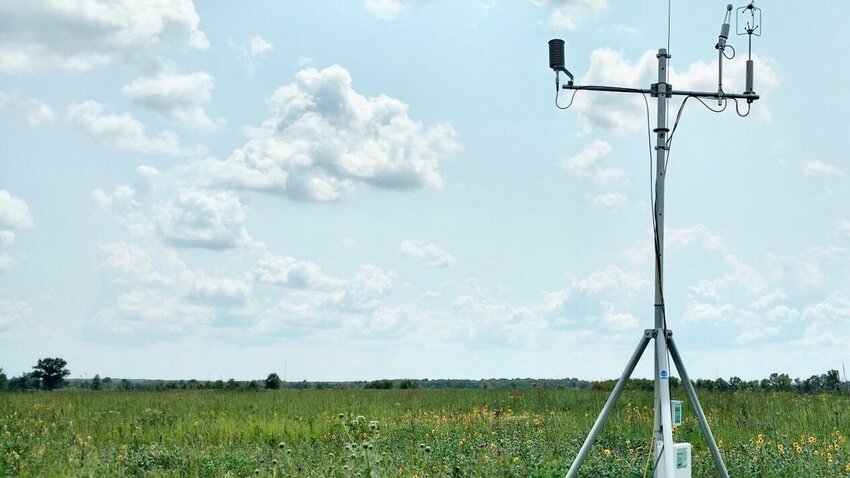 An eddy covariance tower, a tool which measures the breathing capacity of an ecosystem, sits in Tucker Prairie in Kingdom City, Callaway County. It is Missouri's largest remaining virgin tall-grass prairie.