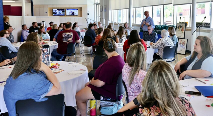 Missouri State University-West Plains recently hosted a luncheon for new teachers in the West Plains R-7 School District as part of its &ldquo;New Teacher Academy&rdquo; program. Chancellor Dennis Lancaster, standing, welcomed the group to campus and the community and shared how teachers can make an impact on the community through the impact they make in their students&rsquo; lives. He also discussed how the university supports area educators.