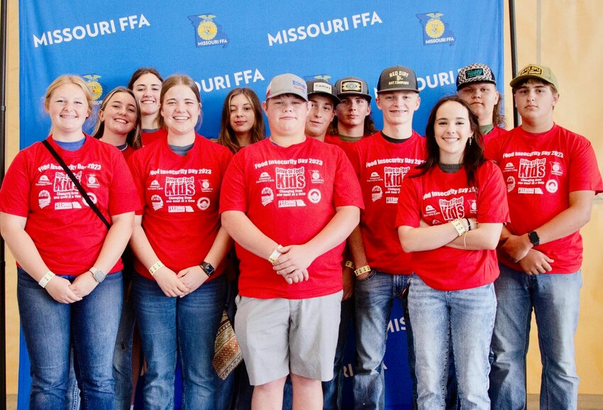 Youth with the West Plains FFA recently contributed their efforts to help pack 160,000 meals for families facing food insecurity across Missouri. Front row, from left: Lily York, Hattie Patillo, JR Ivester, Hayden Hawkins, Ava Cooper and Garrett Brigman. Back row: Lizzy Eades, Macie Doss, Baily Eades, Grayson Hale, Broc Barnes and Jacob Bassham.
