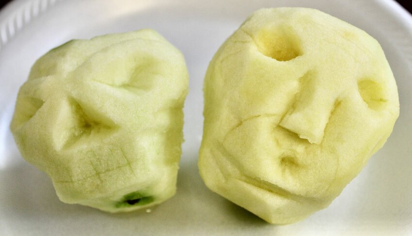 Freshly carved apple &quot;heads.&quot;
