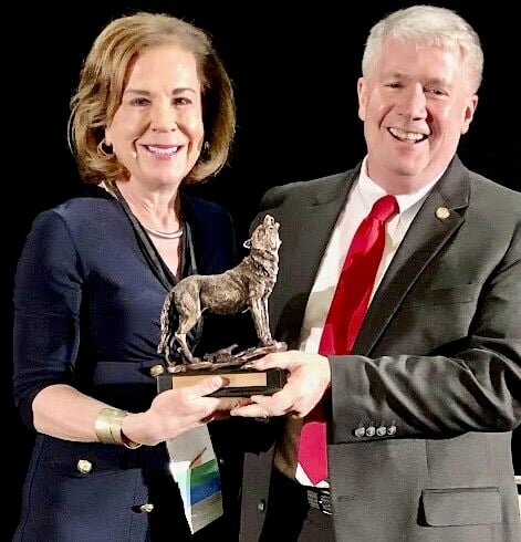 Chief Justice of the Missouri Supreme Court Mary Russell, left, recently presented special recognition in the form of a &ldquo;howling wolf&rdquo; to 154th District Rep. David Evans from Howell County. The award was presented to Evans at the annual joint conference of the Missouri Judiciary and the Missouri Bar, held in Kansas City. Evans said it is one of the &ldquo;coolest&rdquo; things that he has ever received and that it will be kept on his desk at the Capitol as a reminder of the &ldquo;good people from Howell that he represents.&rdquo;