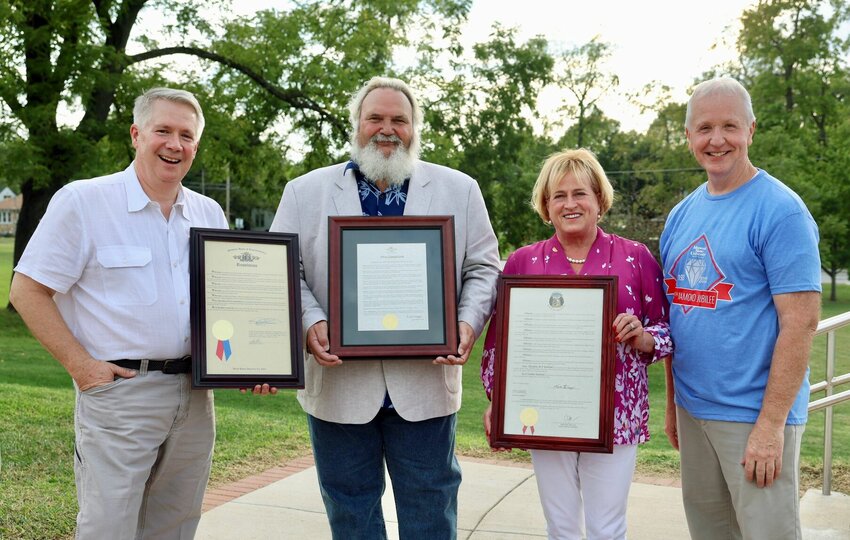 Proclamations from the Missouri State Senate, Missouri House of Representatives and the City of West Plains recognizing Missouri State University-West Plains&rsquo; 60th&nbsp;anniversary were presented to Chancellor Dennis Lancaster during the 60th&nbsp;Diamond Jubilee celebration Sept. 16 at the amphitheater. On hand for the presentations were, from left, 154th&nbsp;District State Rep. David Evans (R-West Plains), West Plains Mayor Mike Topliff, 33rd&nbsp;District State Sen. Karla Eslinger (R-Wasola) and Lancaster.
