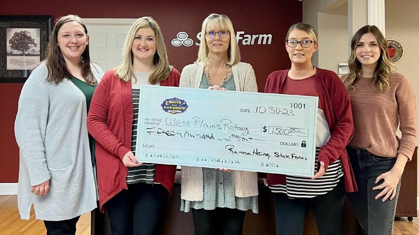 Ramona Heiney-State Farm Insurance Agency is a $1,500 sponsor of Boots and Barbecue, a fundraiser for the West Plains Rotary Club Backpack Program. Agency representatives, from left: Abbey Hicks, Megan Moore, Ramona Heiney, Brittany Diamond and Kate Martin.