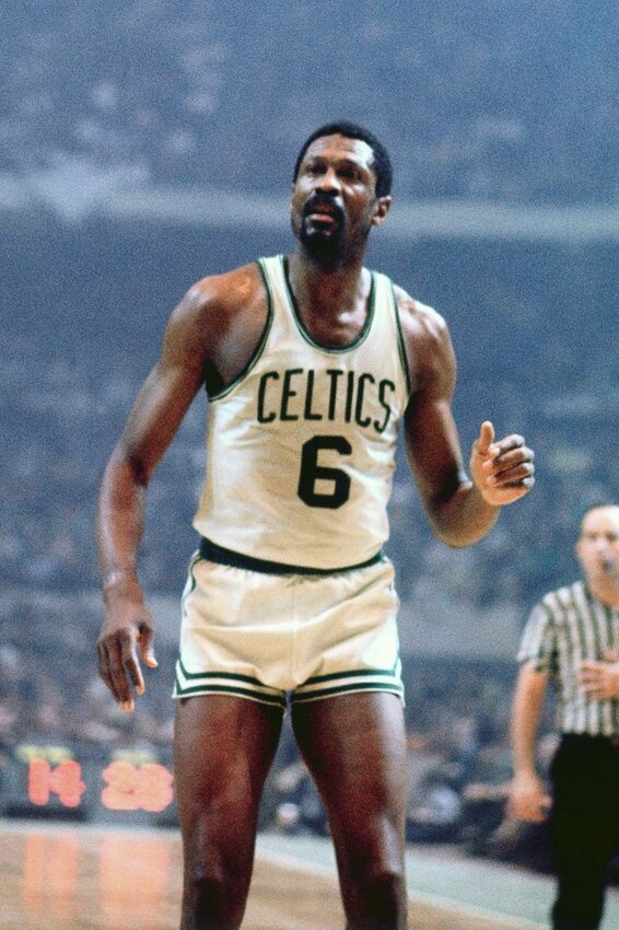 Bill Russell #6 of the Boston Celtics looks on during a game played in 1968 at the Boston Garden in Boston, Massachusetts.&nbsp;