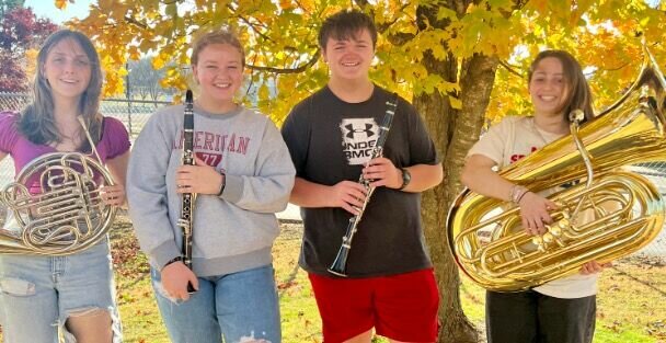 Zizzer Pride Band members recently competed among 650 students to qualify for state band auditions. Four Zizzers won awards at the district level concert held Nov. 7 at Parkview High School in Springfield, and of them, one will go on to compete Dec. 2 at the state level. Students receiving awards, from left: Emma Bontrager, French horn, second alternate; Jenna Rector, clarinet, ninth chair, state-qualified; Micheal Simons, clarinet, 22nd chair; and Audrey Oliver, tuba, third chair.