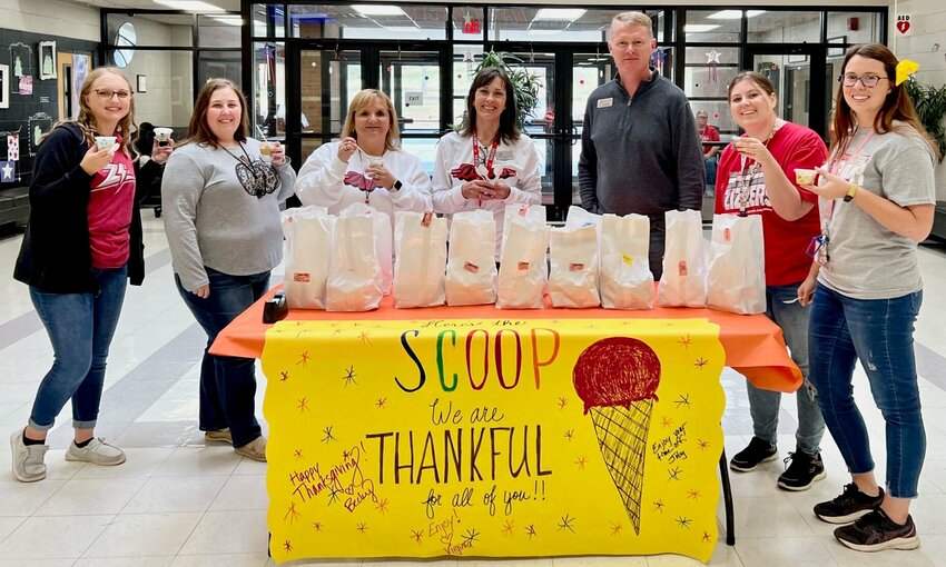 West Plains Elementary principals recently served up &ldquo;sweet treats for an amazing team,&rdquo; doling out cups of Spring Dipper ice cream to faculty and staff, shared school district Communications Director Lana Snodgras. &ldquo;Here&rsquo;s the scoop: We are incredibly thankful for each of you,&rdquo; she added. From left: paraprofessional Samantha Wichern, preschool teacher Hannah Beaulieu, third grade teacher Angie Hunt, Principal Becky Hutchinson, Assistant Principal Joby Steele, fourth grade teacher Haley Falterman and teacher Anna Collins.