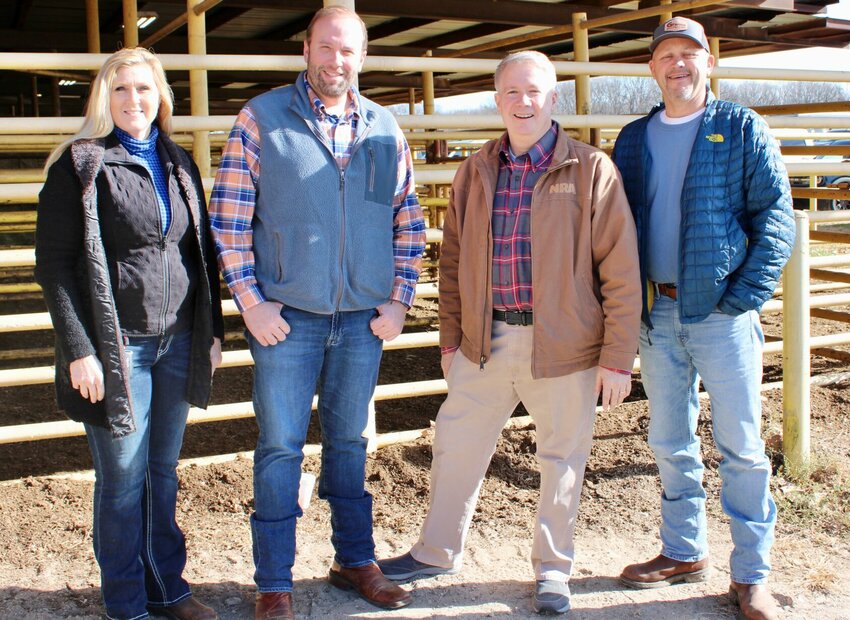 Missouri's 8th District U.S. Rep. Jason Smith recently made a stop at the Ozarks Regional Stockyard off of north U.S. 63 in West Plains to lend an ear to the concerns of local cattle producers. The tour included lunch at the sale barn cafe and some time observing the action on the sale floor. From left: Howell County Collector and cattle producer Janet Crow, Smith, 154th District State Rep. David Evans, and local businessman and cattle producer Russ Gant.