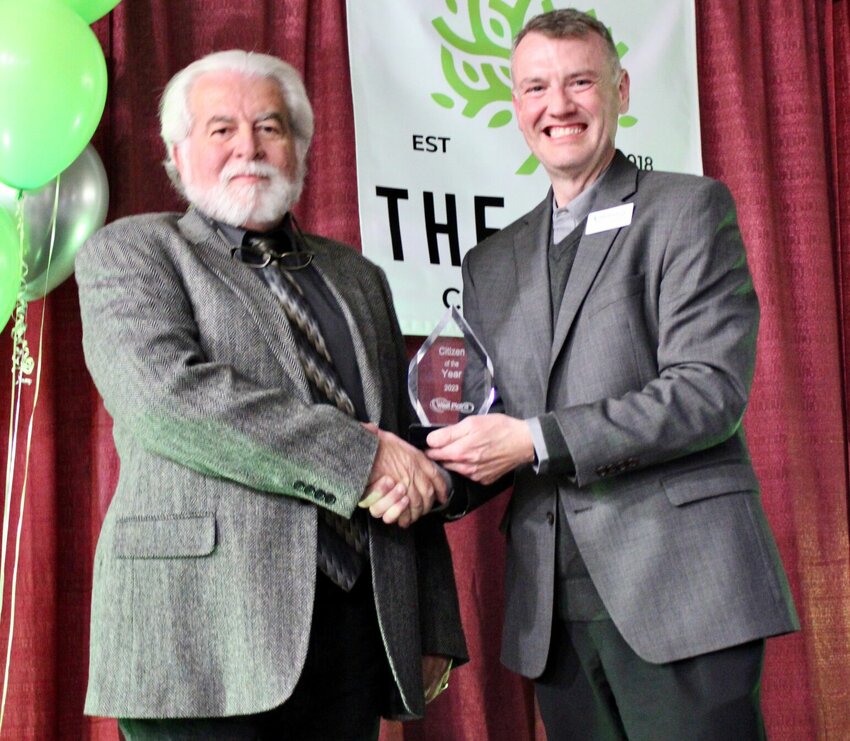 Each year the Greater West Plains Area Chamber of Commerce recognizes a citizen who demonstrates an outstanding commitment to community service and volunteerism. This year, Terry Sanders, left, was named Citizen of the Year for his hard work, including serving on the Community Foundation of West Plains board, the Senior Age Board of Directors, West Plains City Planning &amp;amp; Zoning Board, Rural LISC, the 2013 City of West Plains Charter Commission Board and the L.E.A.D. West Plains Advisory Board. He has been an employee of Ozark Action for 44 years and is the current executive director. &quot;His tireless commitment to serving the community through volunteerism and education and dry sense of humor makes him the ideal and very deserving Citizen of the Year,&quot; said presenter Eric Gibson.