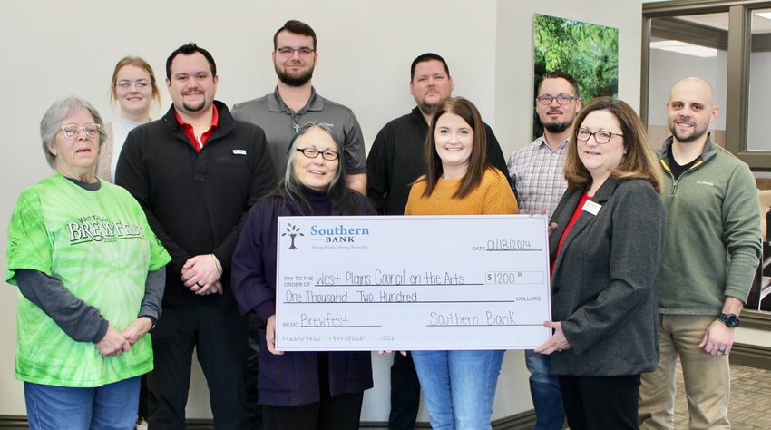 Southern Bank has donated $1,200 as a tasting glass sponsor to the West Plains Council on the Arts&rsquo; 11th annual BrewFest. The event will be held 5:30 to 8 p.m. Feb. 24 at the West Plains Civic Center, 110 St. Louis St. Advance tickets are $30 each through Ticketmaster, or $40 at the door; attendees must be at least 21 years of age with photo identification. Advance tickets may also be purchased in person at Dev's Steakhouse on Court Square, Wages Brewing Company in East Towne Village off of Bill Virdon Boulevard or at the civic center box office, or by phone by calling the box office at 417-256-8087. The event is a fundraiser for the arts council, and proceeds will help fund the Gatewood Family Fine Arts Scholarship, art exhibits, workshops, the annual Community Messiah Sing, performances and the Old-Time Music, Ozarks Heritage Festival. Front row, from left: arts council members and BrewFest Committee volunteers Paula Speraneo and Kathleen Morrissey and Southern Bank employees Courtney Judd and Lesa Ehret. Back row: Southern Bank employees Lindsey Peterman, Weston Gant, Skyler Thompkins, Jeromy Beasley, Zack McNett and Tyler Martin.