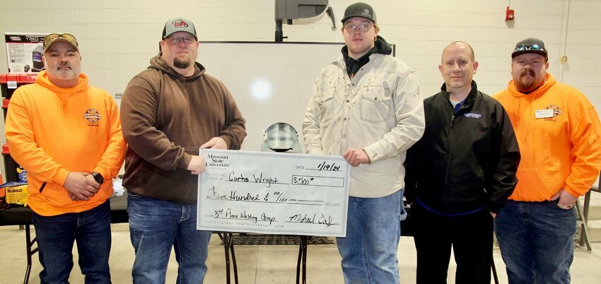 Curtis Wright of Cabool High School placed third in this year&rsquo;s welding contest hosted by the workforce development office at Missouri State University-West Plains. Wright received a $500 scholarship from L &amp;amp; R Industries, among other prizes. He was congratulated by Ryan Allen, director of fabrication at L &amp;amp; R Industries, and Vice Chancellor of Academic Affairs Dr. Michael Orf. From left are Chuck Cook, MSU-WP welding and fabrication instructor; Allen; Wright; Orf; and Gabe Foster, MSU-WP welding and fabrication instructor.
