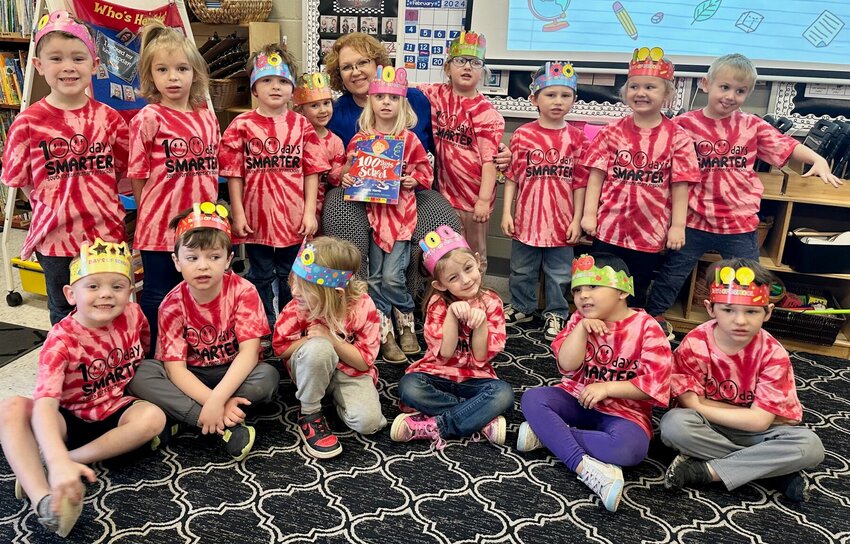 South Fork Elementary Preschool students in Jackie Ingalsbe&rsquo;s and Chelsea Falwell&rsquo;s class recently celebrated 100 days of school&nbsp;with a story from West Plains R-7 Assistant Superintendent Dr. Amy Ross, 100 sucker licks, 100 necklaces, 100 trail mixes and a 100-balloon pop. Front row, from left: Aedan Falwell, Graham Turner, Dallas DeWitt, Soairse Gell, Nora Mejia and Jensen Ardvidson.&nbsp;Back row: Nolan VanBibber, Reagan West, Lennard Clewett, Chloe Davis, Ross, JayLynn Webb, Noelle Cates, Kayne Steinberger, Wren Corey and Cooper McWhorter.