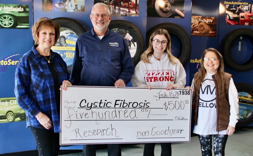 Don's Goodyear has donated $500 to Cystic Fibrosis of West Plains, ahead of the Sara Evans fundraising concert to be held 7 p.m. March 16 at the West Plains Civic Center, 110 St. Louis St. Proceeds will go toward research into a cure for cystic fibrosis. Ticket prices for adults are $30 in advance or $40 at the door, and $5 for children age 12 and younger whether purchased in advance or at the door. They may be charged by phone by calling the civic center at 417-256-8123, at Ticketmaster.com/Sara Evans, or by scanning a QR code on promotional posters that will take users to the Ticketmaster website. Posters also have a list of businesses, banks, and individuals where tickets may be purchased. From left: Cystic Fibrosis of West Plains volunteer Lois Frazier, John Kenslow of Don's Goodyear, and Cystic Fibrosis volunteers Kaigan Barker and Jessica Joice-Frazier.