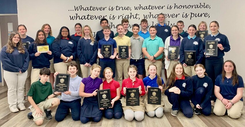 Ozarks Christian Academy Beta Club and Junior Beta Club members recently gathered for a photo following the state Beta Convention held Feb. 28 and 29 in Branson. The team took home eight top-five medals and one of its dancers, Addyson Rowland, earned an invitation to perform in the opening ceremonies for the National Convention to be held in June in Savannah, Ga.