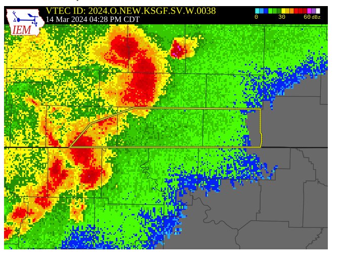 Ozark and southern Howell counties are under a severe thunderstorm warning through 5:30 p.m. Thursday.