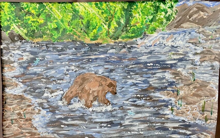 Best in Show went to Willow Springs Middle Schooler Casey Porter&rsquo;s landscape painting of a bear crossing a river, entered into the two-dimensional division of the annual Art Around Town exhibit for students in kindergarten through eighth grade.