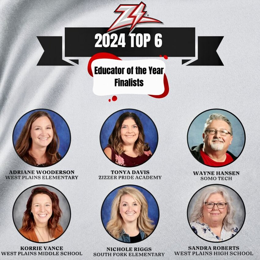 “Throughout the West Plains R-VII School District, educators tirelessly nurture and inspire students of every age,” shared district Communications Director Lana Snodgras in a recent announcement naming the 2024 finalists for Educator of the Year. “From parents to students, colleagues to community members, we've reached out to gather stories of the teachers who have truly made a positive impact. After careful consideration, we've distilled these nominations into our top six finalists.” Early this month, each finalist was surprised by district officials as they presented the educators with the title of Building Level Educator of the Year, Snodgras explained, adding, “Yet, the top recognition awaits as we prepare to select the District Level Educator of the Year from this exceptional group.” All six will be celebrated during a district faculty and staff awards banquet to be held May 16. Those named are West Plains Elementary RTI teacher Adriane Wooderson, Zizzer Pride Academy teacher Tonya Davis, Southern Missouri Technical Institute auto technology teacher Wayne Hansen, West Plains Middle School sixth grade teacher Korrie Vance, South Fork Elementary second grade teacher Nichole Riggs and West Plains High School person finance teacher Sandra Roberts.