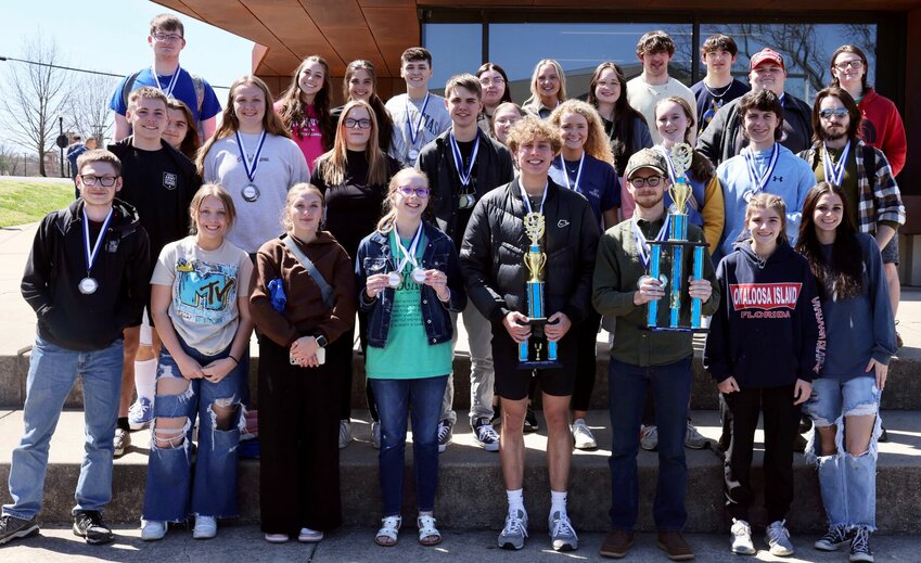 The team from Thayer High School took top honors overall and placed first in Division III of the 37th annual Interscholastic Contest April 5 at Missouri State University-West Plains. Team members included, front row from left, Dirk Deckard, Kylie Forrester, Kaden Vardell, Abby Blum, Aidan Burns, Mitchel Nelson, Lilly Quarles and Marley Kunkleman. Second row: Curtis Stockle, Chase Mills, Savannah Wheeler, Ava Smith, Matthew Pierce, Nikita Calvo, Gracyn Rouse, Atley Woods, Corwin Mullins and Garik Osgood. Back row: Dustin Adams, Jacelynn Wright, Savannah Jackson, Aidan Harvey, Lindsay Gustafson, Ella Johnson, Salena Hollis, Jake McFann, Gus McFann, Caden Selfors and Michael Cali.