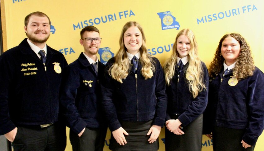 West Plains recipients of the State FFA Degree, from left: Cody Jedlicka, Jaden Brotherton, Hattie Patillo, Ruby Hinds and Hallie Bunch.