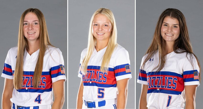 GRIZZLY SOFTBALL players, from left, Jordyn Foley, Zoey Williams and Kenzie Massey received NJCAA All-Region 16 team honors this season. Foley and Williams were named to the first team, and Massey was named to the second team. (MSU-WP Photo)