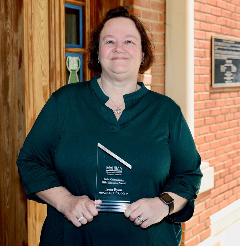 Tresa Ryan, director of the health information technology program at Missouri State University-West Plains, recently received the 2024 Outstanding Health Information Management (H.I.M.) Educator Award from the Missouri Health Information Management Association (MoHIMA). The award honors those who demonstrate excellence in preparing the next generation of professionals for H.I.M. careers. Honorees also must have five or more years of experience in the H.I.M. education field; initiate H.I.M. events, projects and activities with their students; participate in H.I.M. education events and/or be involved in or a leader of the American Health Information Management Association education sector; and contribute to the development of curriculum, according to the MoHIMA website,&nbsp;MOHIMA.org. Ryan has been a MoHIMA member since 2013 and earned her Certified Coding Specialist-Physician (CCS-P) and her Registered Health Information Administrator (RHIA) certifications through the organization. She has been a faculty member at MSU-WP since 2015.