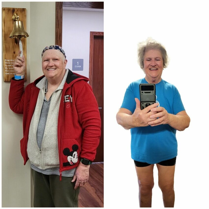 Left: Cindy McCracken ringing a bell to mark her last day of cancer treatment in August 2023. Right: McCracken in January 2024 after participating in the University of Missouri Extension Diabetes Prevention Program.