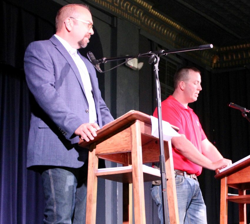 Howell County Sheriff Brent Campbell, left, seeking reelection, faced off with challenger Matt Roberts at right during a debate held July 16 at the Star Theater in Willow Springs. It was hosted by the Howell County News and Publisher and Editor In Chief Amanda Mendez moderated the event, which lasted about two hours. Voters will choose one of the two candidates during the Aug. 6 primary election. With no Democrats running for the office, the victor of the primary will be unopposed during the November election and will take the office in January.
